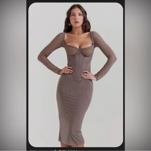 House of CB Taupe Long Sleeve Midi Dress